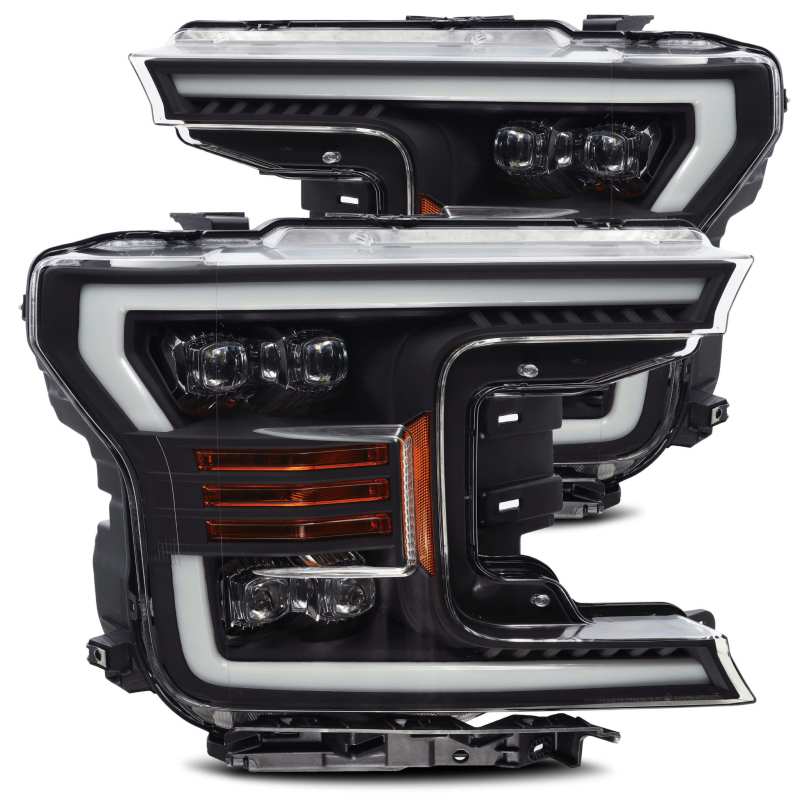 AlphaRex NOVA LED projector headlights for 2018-2019 Ford F-150, featuring a sleek plank style design and advanced LED technology.