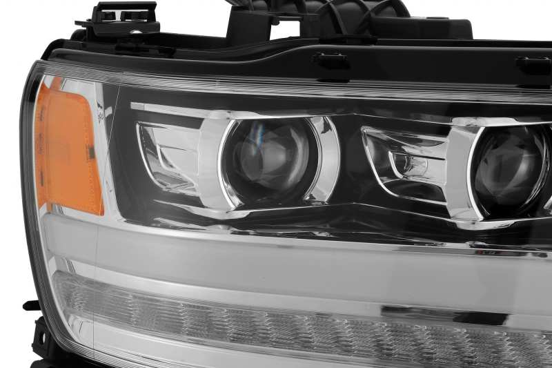 AlphaRex LUXX LED Projector Headlights for 19-20 Dodge Ram 1500 with a sleek plank chrome finish, showcasing advanced LED technology.