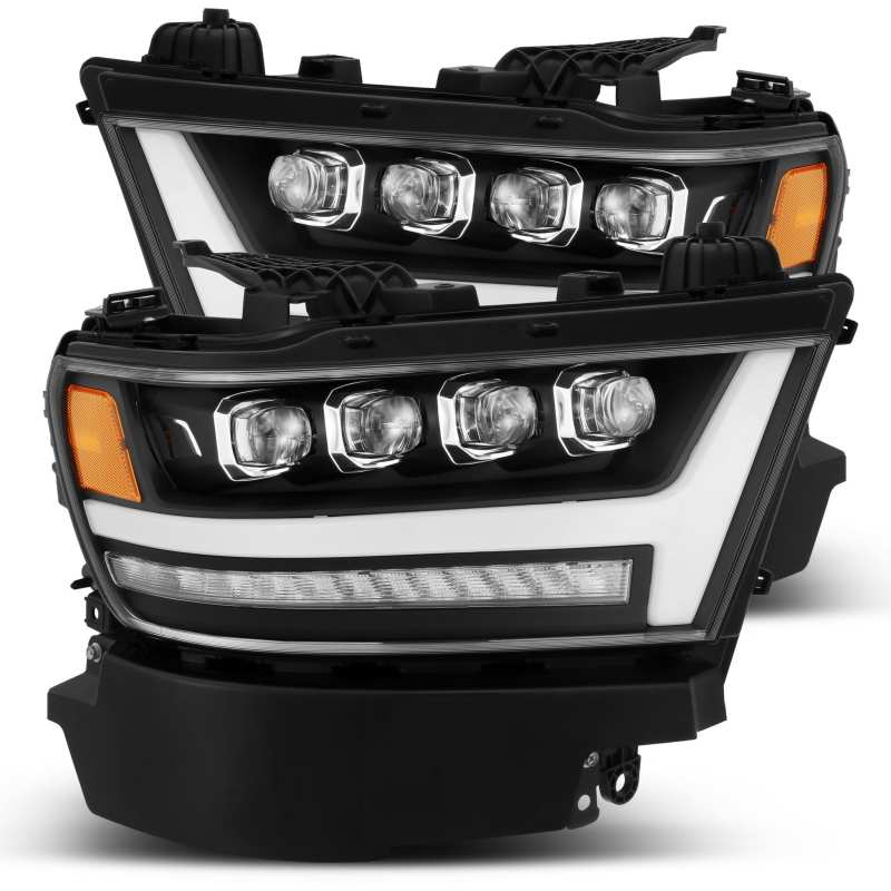 AlphaRex NOVA LED projector headlights for 2019-2020 Ram 1500, featuring a matte black finish and advanced lighting technology.