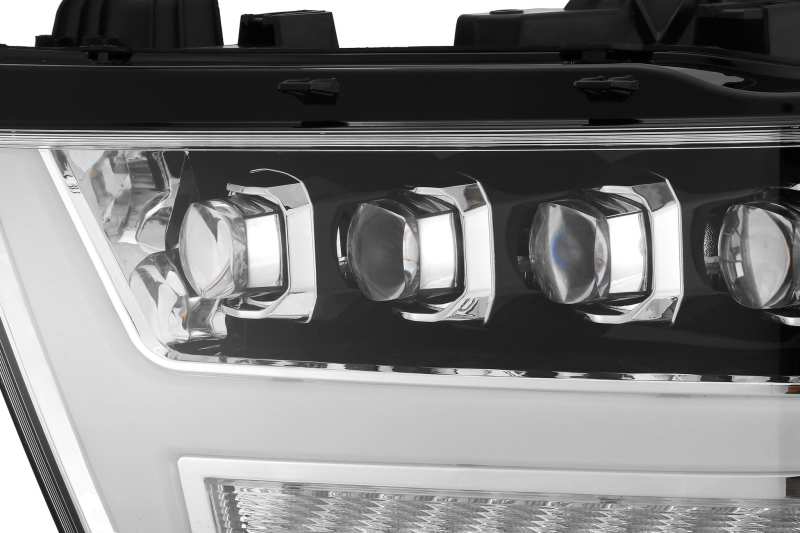 AlphaRex NOVA LED projector headlights for 2019-2020 Ram 1500, featuring a chrome plank style design and advanced lighting technology.