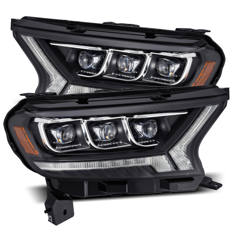 AlphaRex NOVA LED projector headlights for 2019-2021 Ford Ranger, featuring a black plank style design and advanced lighting technology.