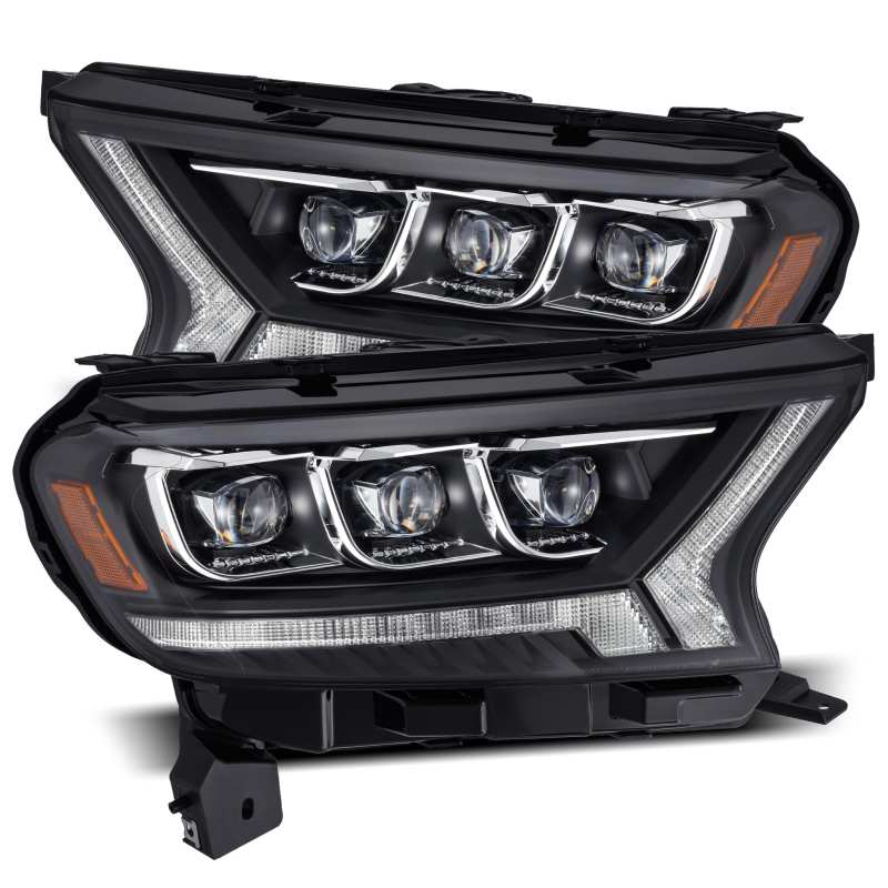 AlphaRex NOVA LED projector headlights for 2019-2021 Ford Ranger, featuring a black plank style design and advanced lighting technology.
