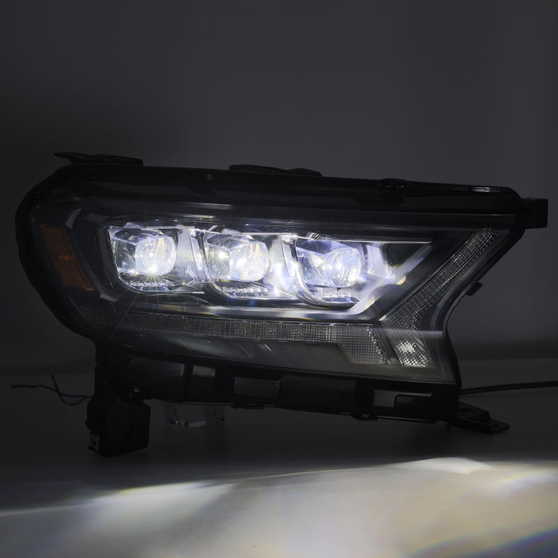 AlphaRex NOVA LED projector headlights for 2019-2021 Ford Ranger, featuring a black plank style design and advanced lighting technology.