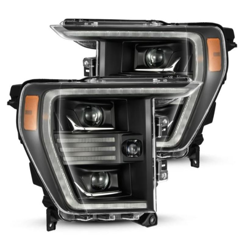 AlphaRex PRO-Series projector headlights for 2021-2022 Ford F-150 in sleek black finish, showcasing modern design and advanced lighting technology.