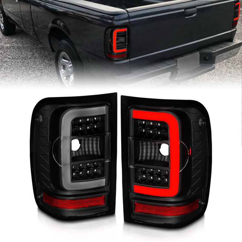 ANZO 01-11 Ford Ranger LED Taillights with black housing and smoke lens, showcasing modern design and enhanced visibility.