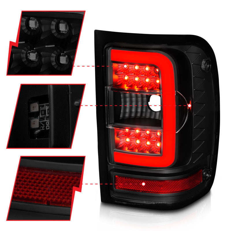ANZO 01-11 Ford Ranger LED Taillights with black housing and smoke lens, showcasing modern design and enhanced visibility.