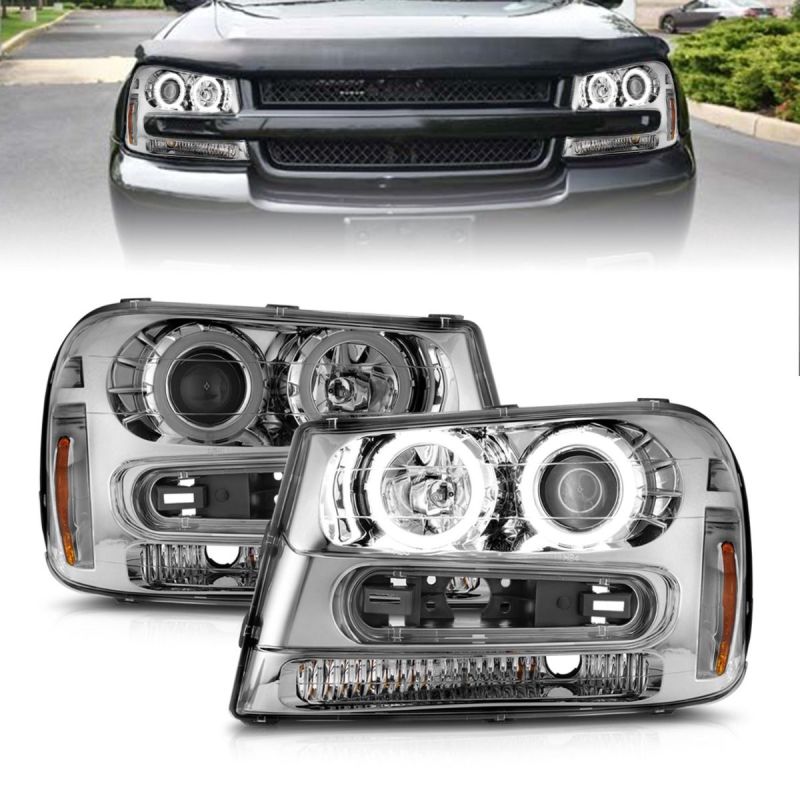 ANZO 02-09 Chevrolet Trailblazer Projector Headlights with Halo Chrome, showcasing modern design and enhanced visibility features.
