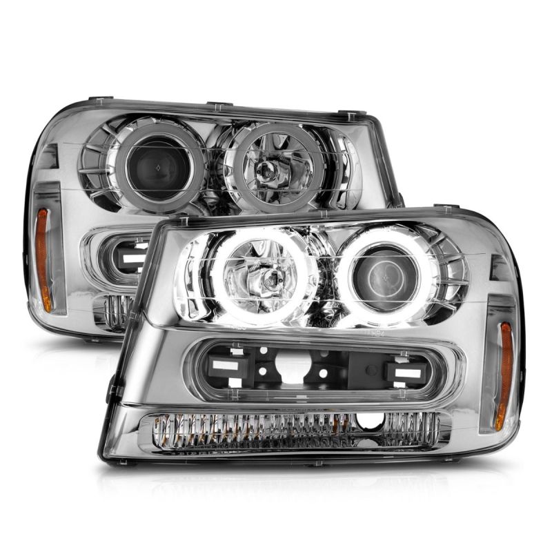 ANZO 02-09 Chevrolet Trailblazer Projector Headlights with Halo Chrome, showcasing modern design and enhanced visibility features.