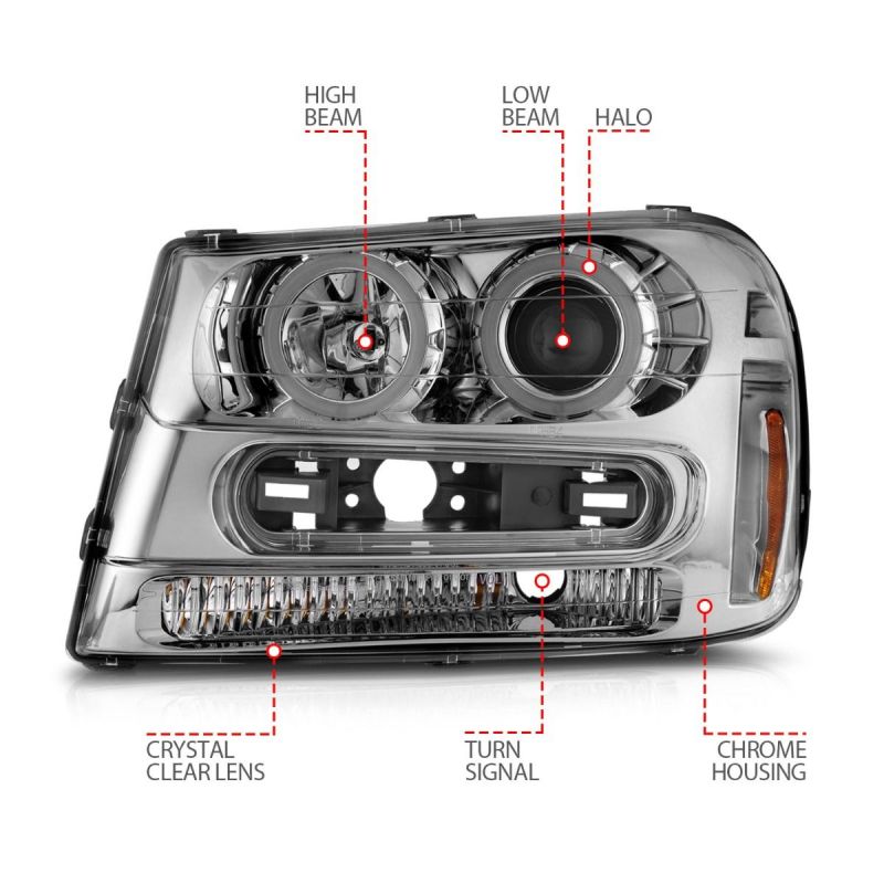 ANZO 02-09 Chevrolet Trailblazer Projector Headlights with Halo Chrome, showcasing modern design and enhanced visibility features.