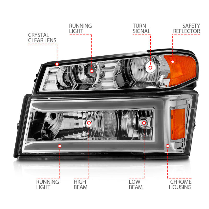 ANZO 04-12 GM Colorado/Canyon/I-Series Crystal Headlights showcasing a sleek design with clear lenses and modern styling, suitable for various GM models.