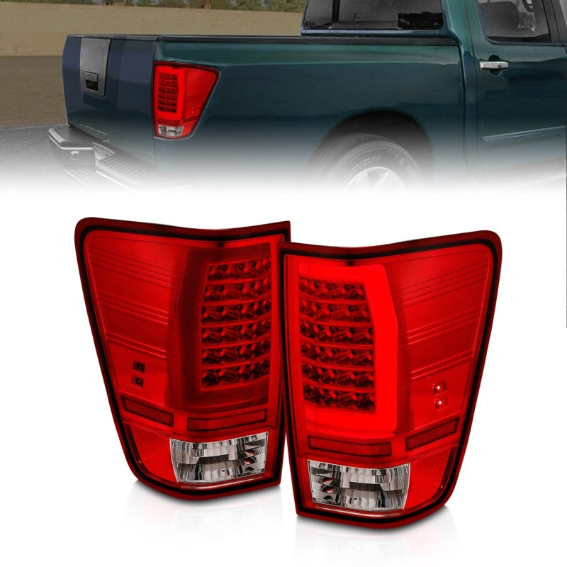 Anzo 04-15 Nissan Titan Full LED Tailights with chrome housing and red/clear lenses, showcasing modern design and bright LED technology.