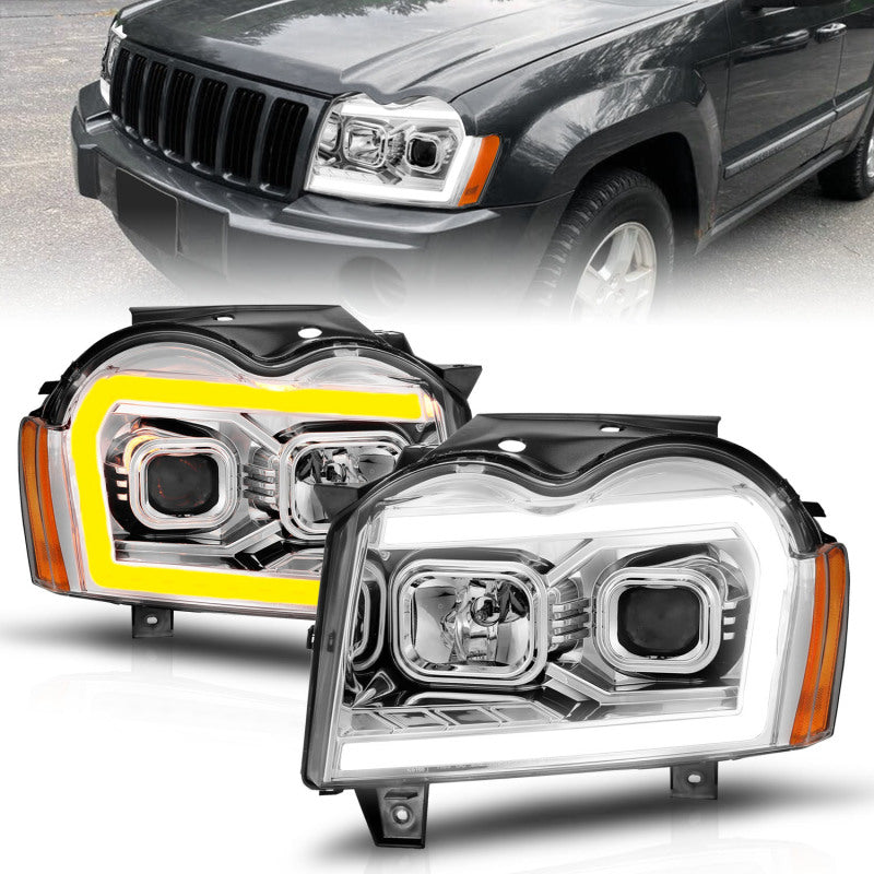 ANZO 05-07 Jeep Grand Cherokee Projector Headlights featuring a sleek design and integrated light bar.