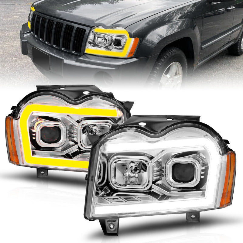 ANZO 05-07 Jeep Grand Cherokee Projector Headlights featuring a sleek design and integrated light bar.