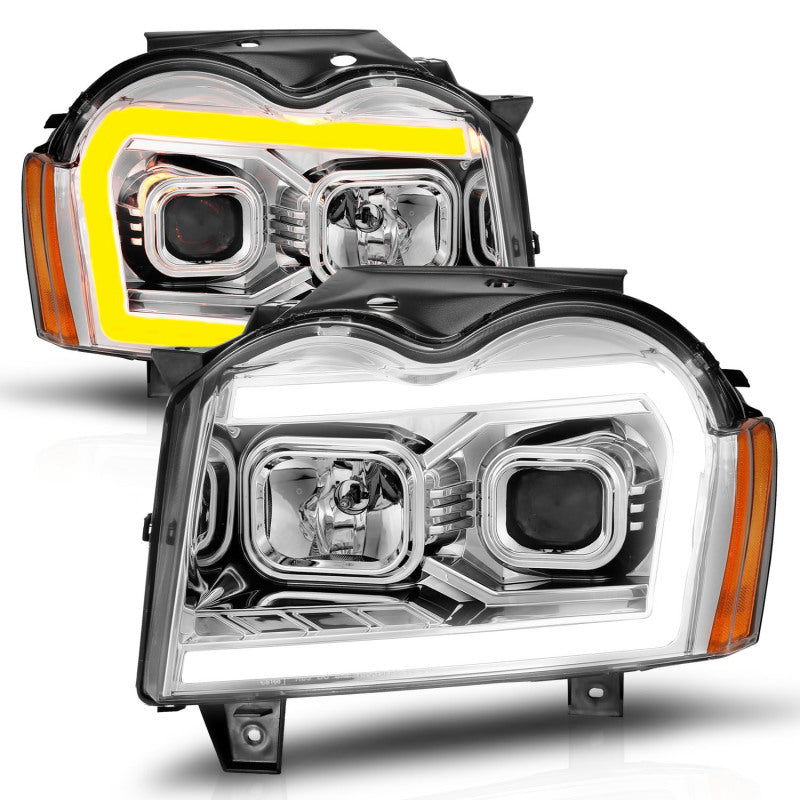 ANZO 05-07 Jeep Grand Cherokee Projector Headlights featuring a sleek design and integrated light bar.