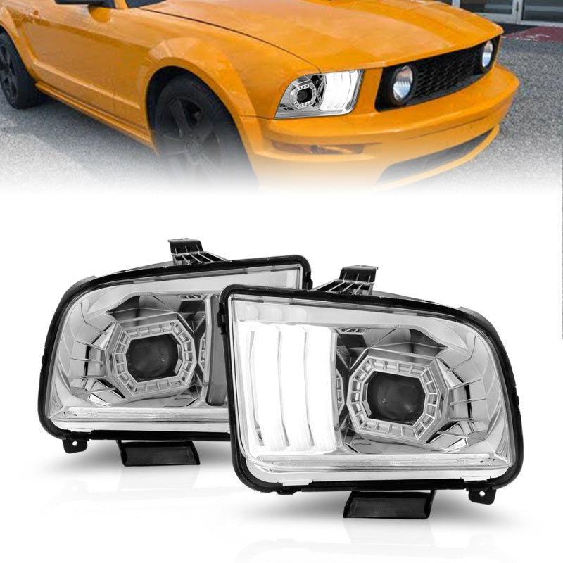 ANZO 05-09 Ford Mustang Projector Headlights showcasing sleek design and advanced lighting technology.