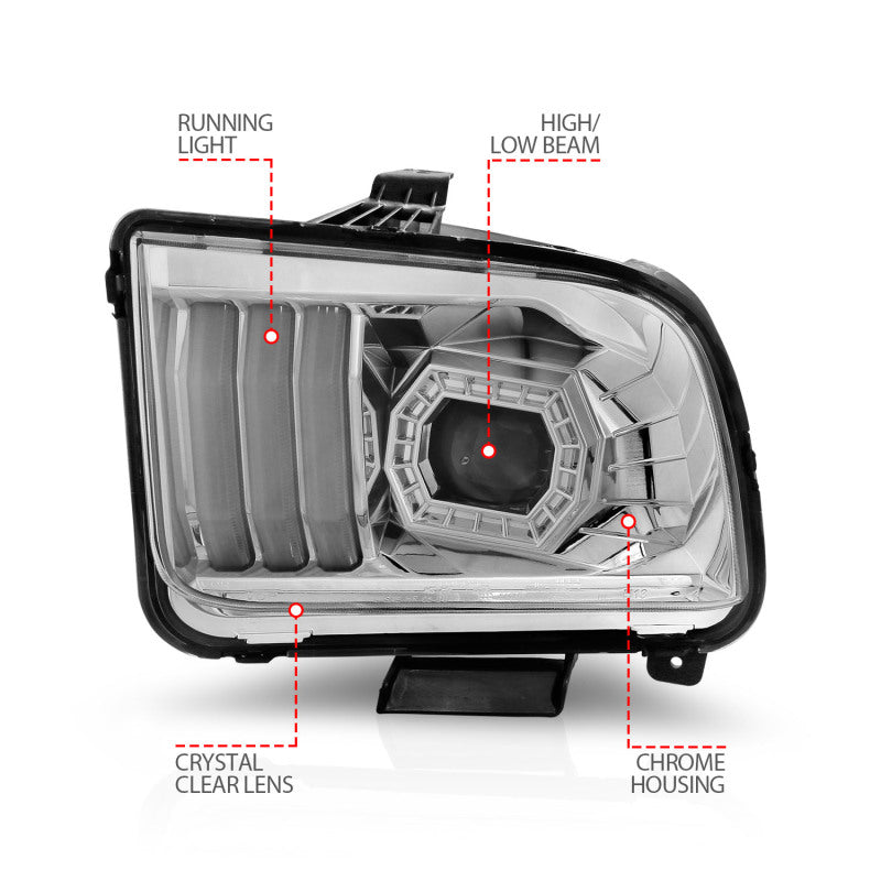 ANZO 05-09 Ford Mustang Projector Headlights showcasing sleek design and advanced lighting technology.