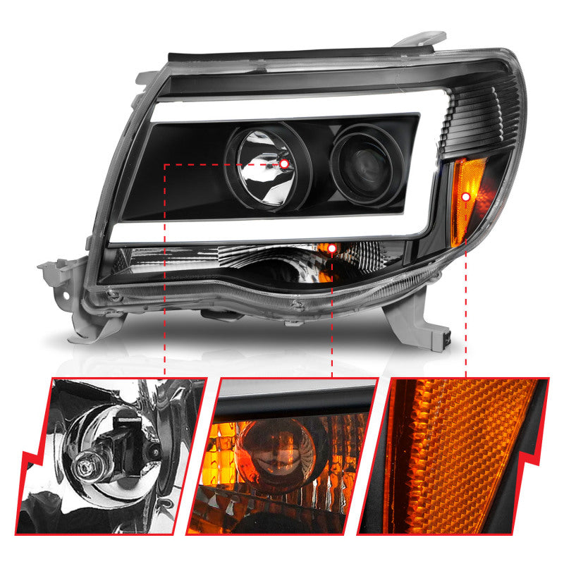 ANZO 05-09 Toyota Tacoma Projector Light Bar Style Headlights showcasing modern design and bright illumination.