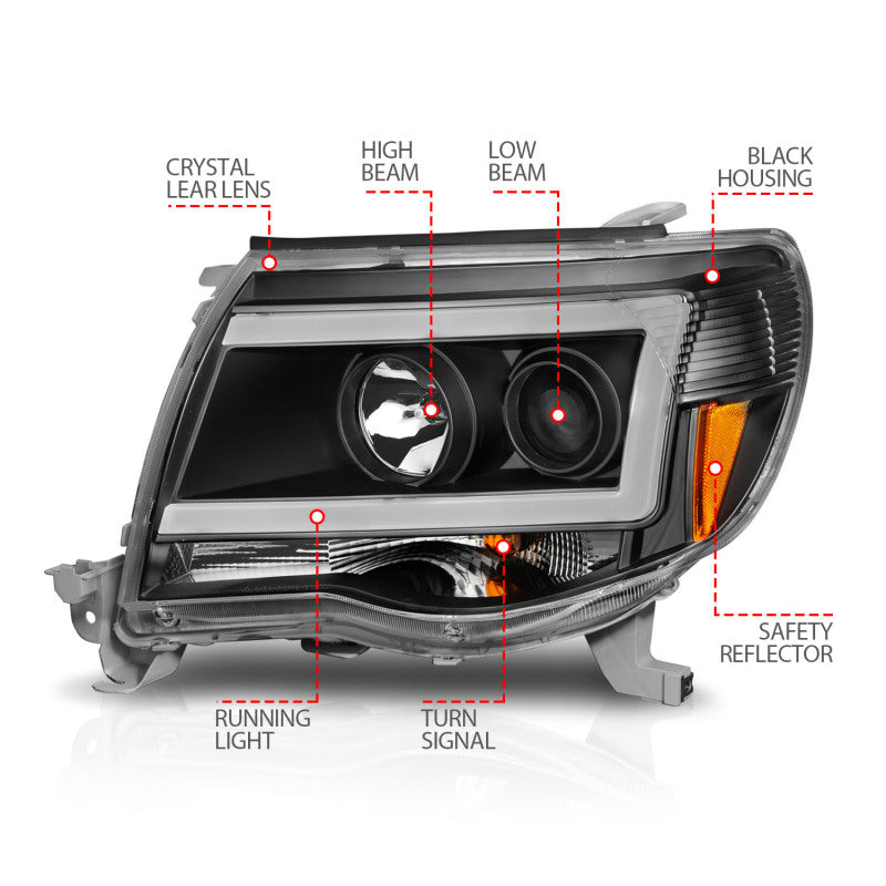 ANZO 05-09 Toyota Tacoma Projector Light Bar Style Headlights showcasing modern design and bright illumination.