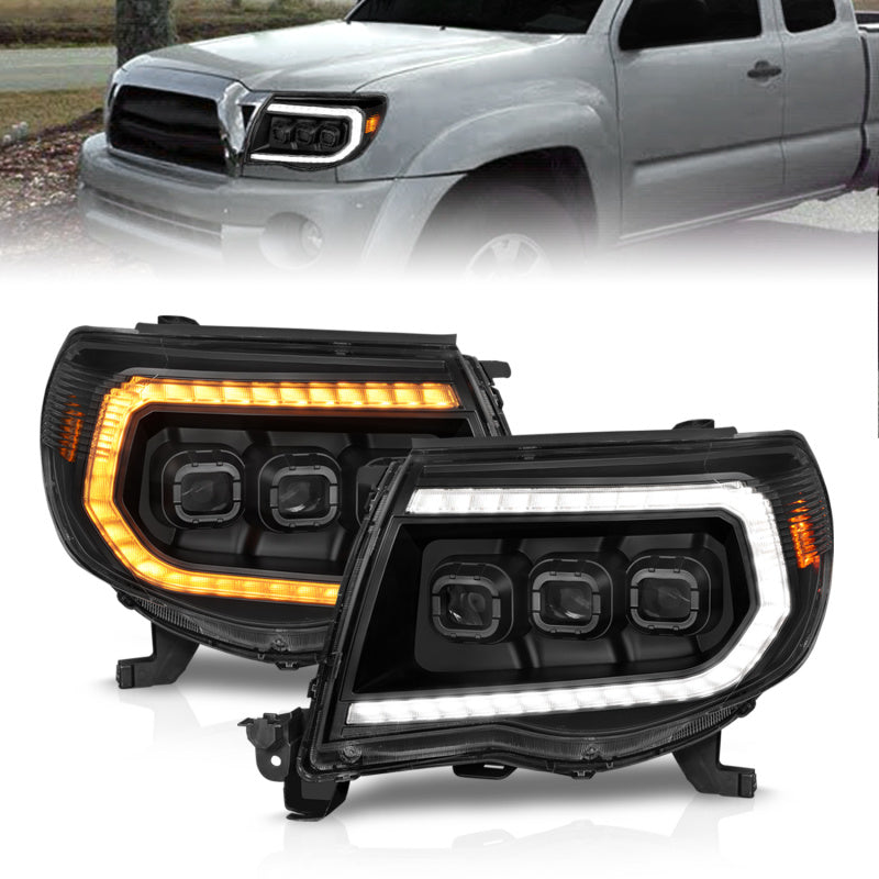 ANZO Full Projector Headlights for 2005-2011 Toyota Tacoma with light bar and sequential turn signals, showcasing modern design and enhanced visibility.
