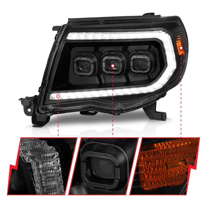 ANZO Full Projector Headlights for 2005-2011 Toyota Tacoma with light bar and sequential turn signals, showcasing modern design and enhanced visibility.