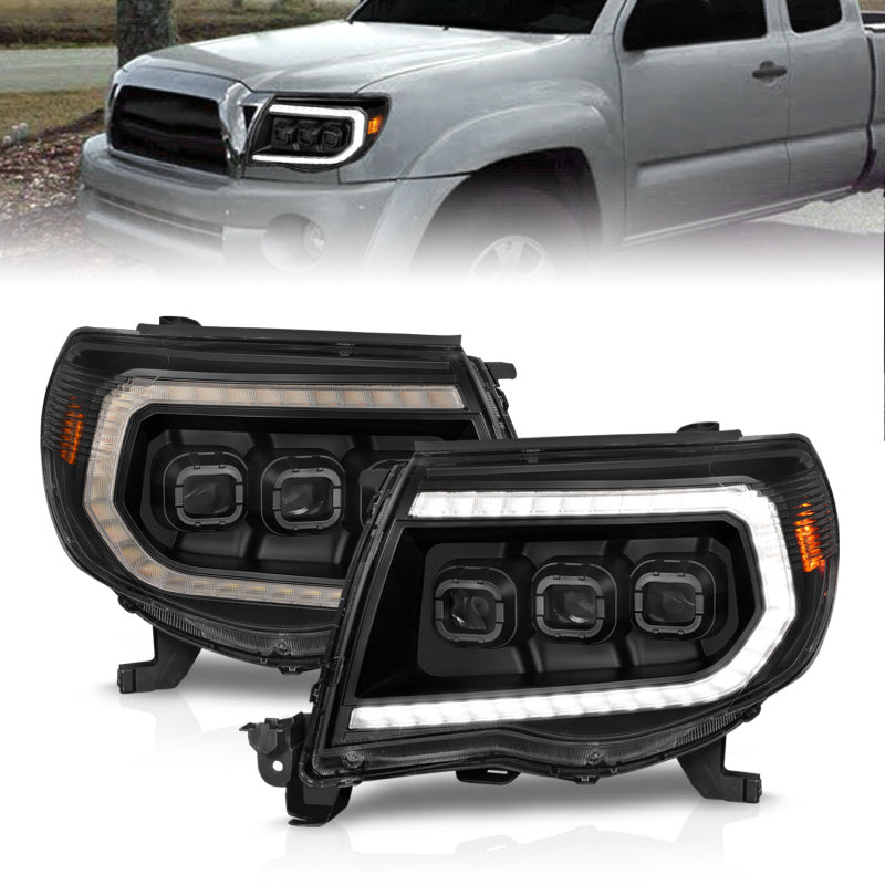 ANZO Full Projector Headlights for 2005-2011 Toyota Tacoma with light bar and sequential turn signals, showcasing modern design and enhanced visibility.