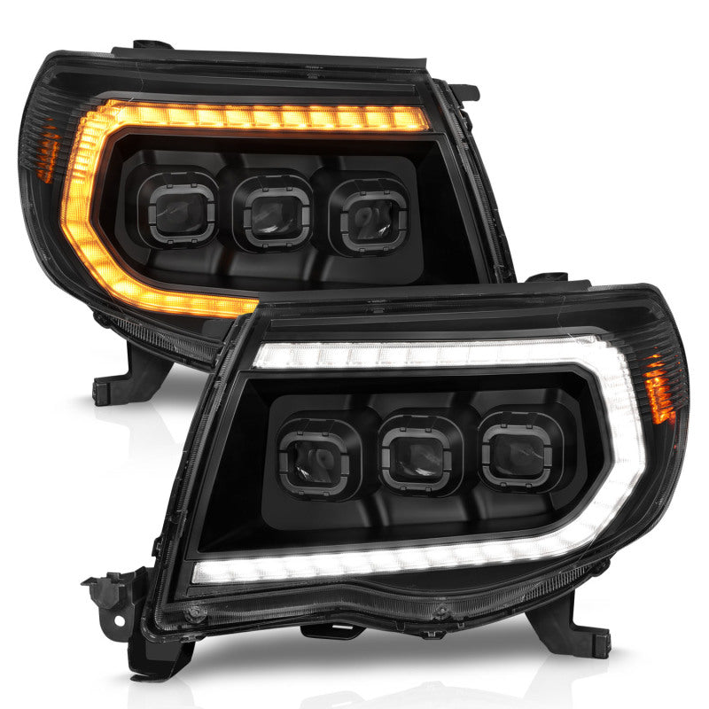 ANZO Full Projector Headlights for 2005-2011 Toyota Tacoma with light bar and sequential turn signals, showcasing modern design and enhanced visibility.