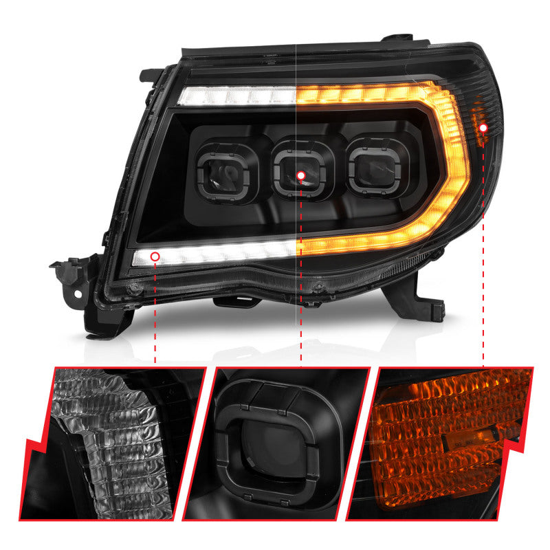 ANZO Full Projector Headlights for 2005-2011 Toyota Tacoma with light bar and sequential turn signals, showcasing modern design and enhanced visibility.
