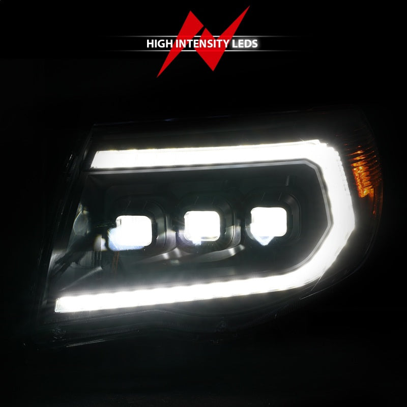 ANZO Full Projector Headlights for 2005-2011 Toyota Tacoma with light bar and sequential turn signals, showcasing modern design and enhanced visibility.