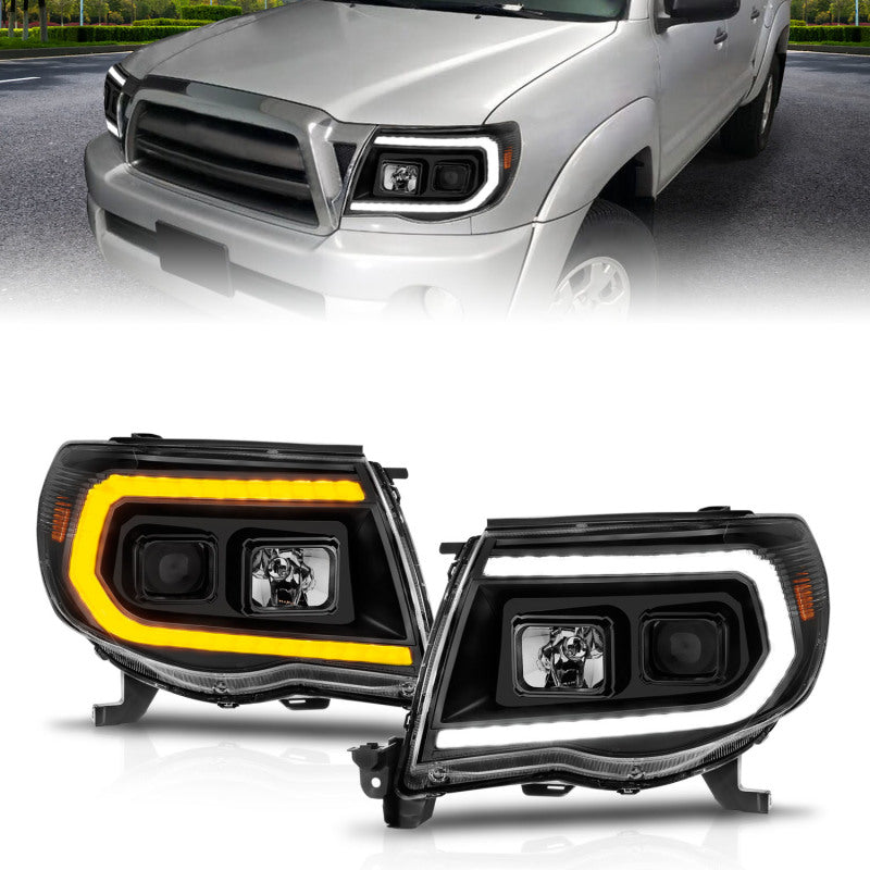 ANZO 05-11 Toyota Tacoma Projector Headlights featuring a light bar switchback, showcasing a sleek design and high-quality construction.