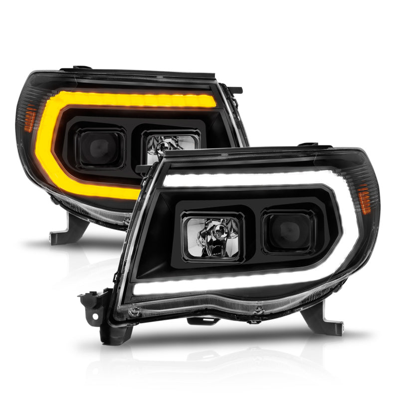 ANZO 05-11 Toyota Tacoma Projector Headlights featuring a light bar switchback, showcasing a sleek design and high-quality construction.