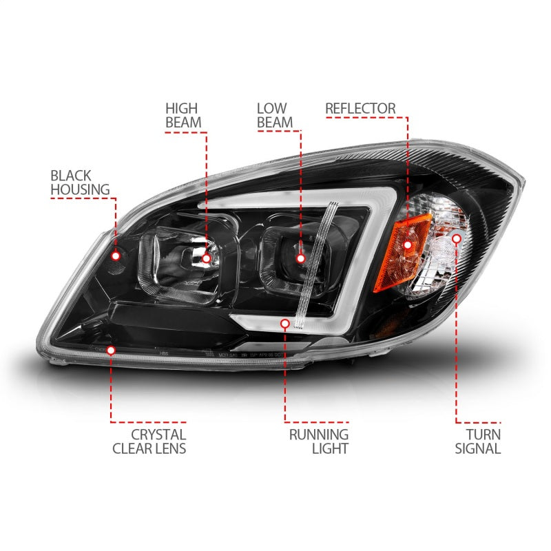 ANZO LED projector headlights for Chevrolet Cobalt and Pontiac G5, showcasing modern design and powerful light output.
