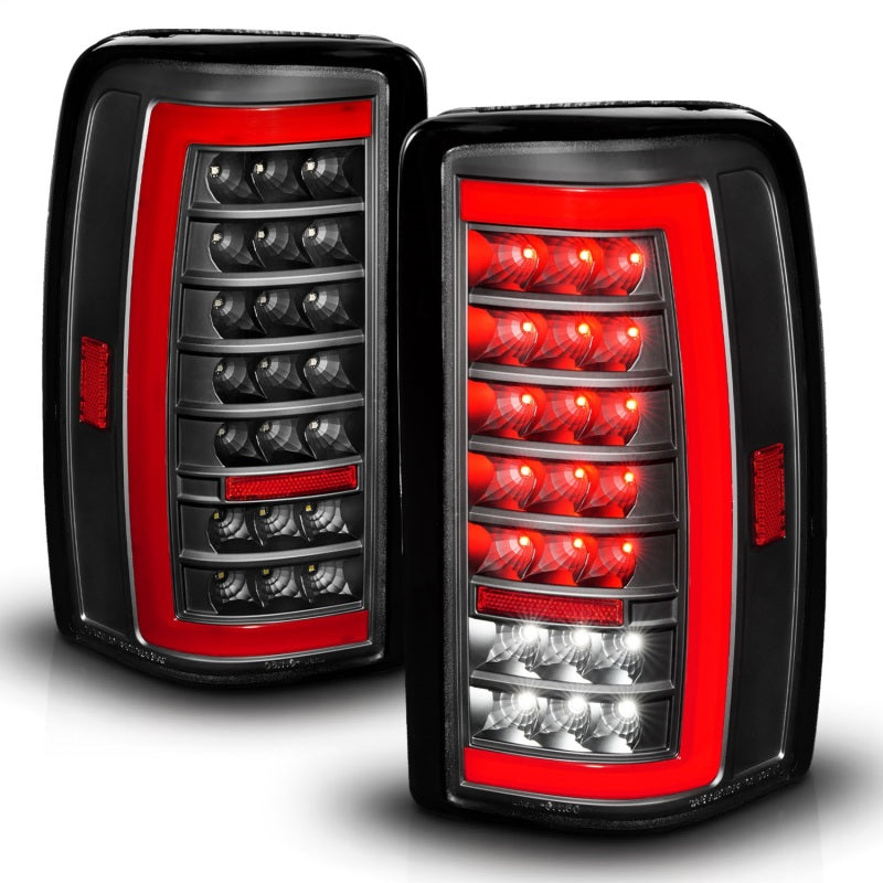 ANZO Full LED Taillights for Chevrolet Tahoe and GMC Yukon, featuring a clear lens and black housing, designed for enhanced visibility and style.