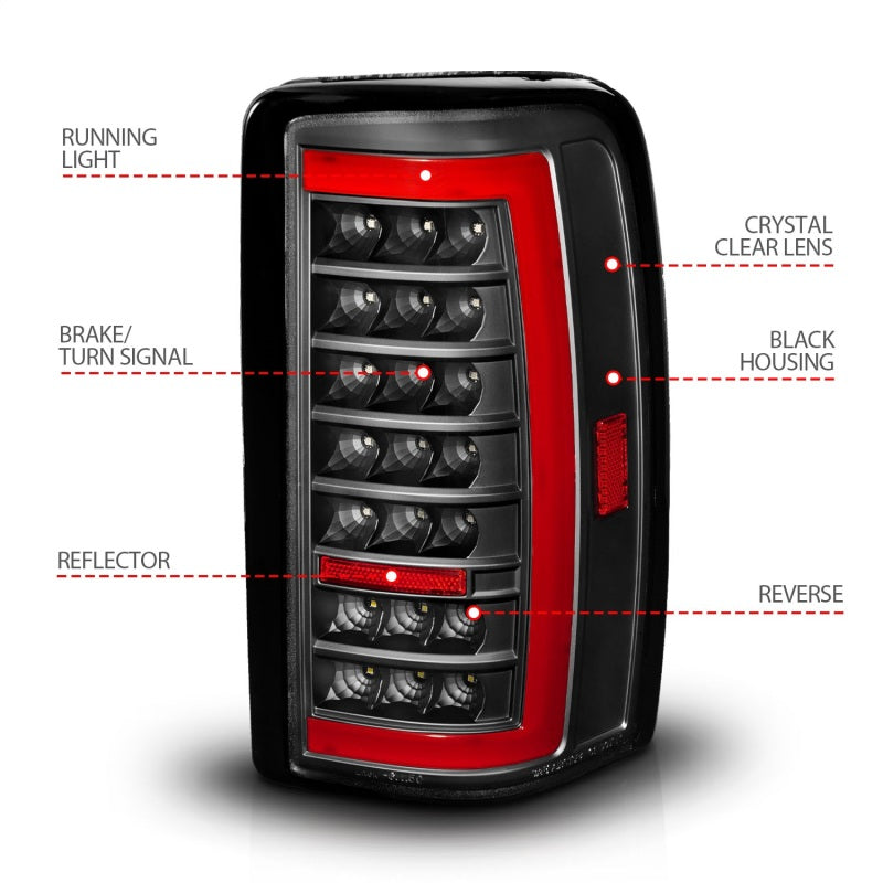 ANZO Full LED Taillights for Chevrolet Tahoe and GMC Yukon, featuring a clear lens and black housing, designed for enhanced visibility and style.