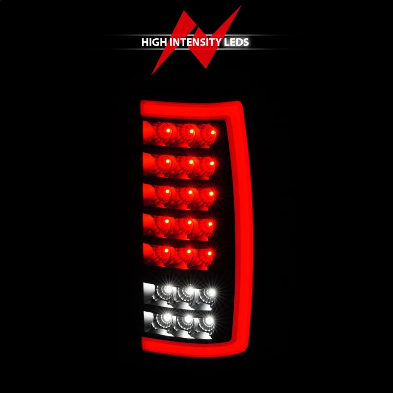 ANZO Full LED Taillights for Chevrolet Tahoe and GMC Yukon, featuring a clear lens and black housing, designed for enhanced visibility and style.