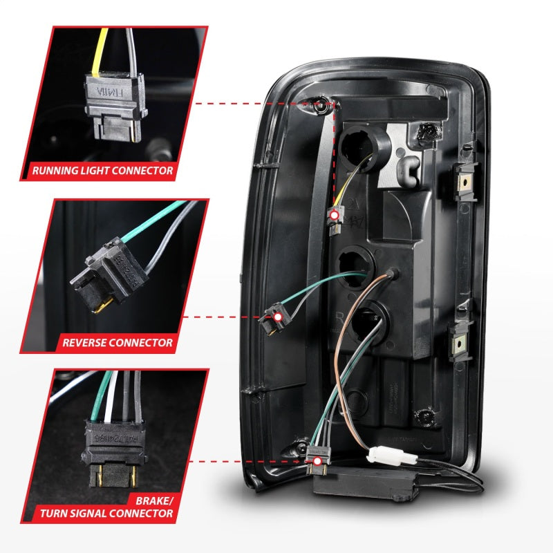 ANZO Full LED Taillights for Chevrolet Tahoe and GMC Yukon, featuring a clear lens and black housing, designed for enhanced visibility and style.