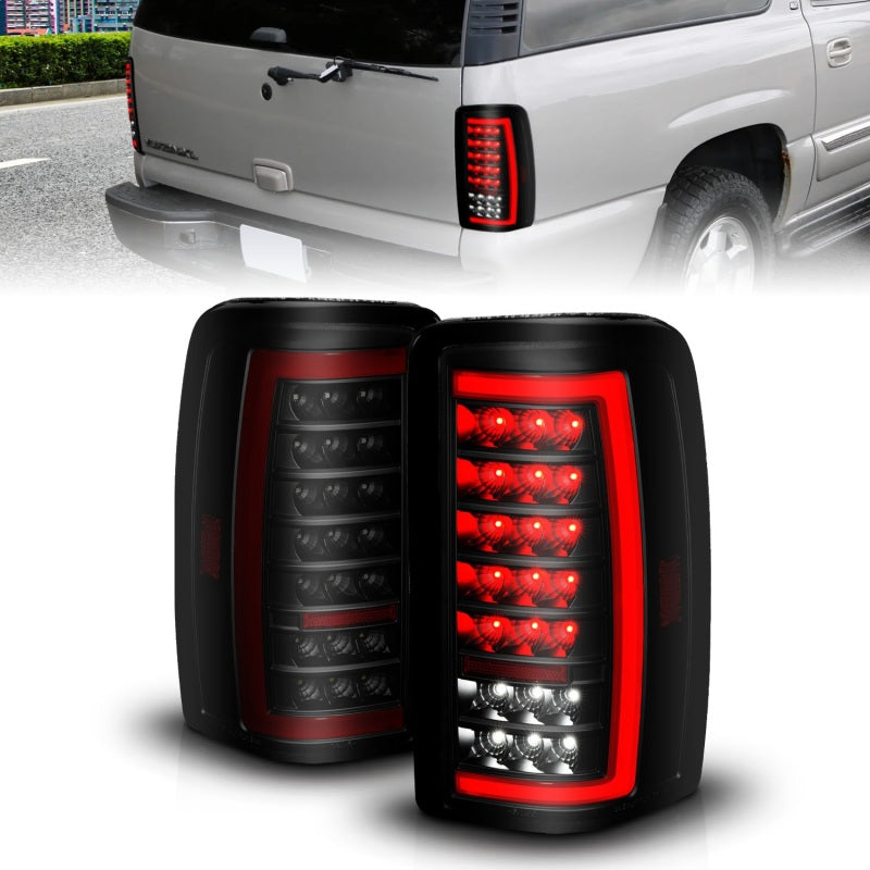 ANZO Full LED Taillights for Chevrolet Tahoe and GMC Yukon with clear lens and black housing, showcasing modern lightbar design.