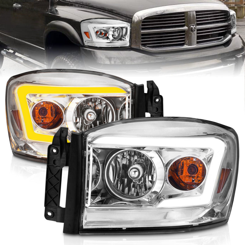 Anzo 06-09 Dodge RAM 1500/2500/3500 headlights with chrome housing and clear lens, showcasing modern design and enhanced visibility.