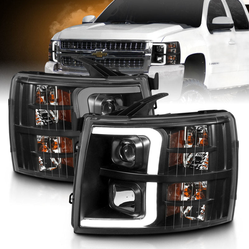 ANZO 07-13 Chevrolet Silverado 3500 Projector Headlights featuring black amber housing and clear lens, designed for enhanced visibility and style.