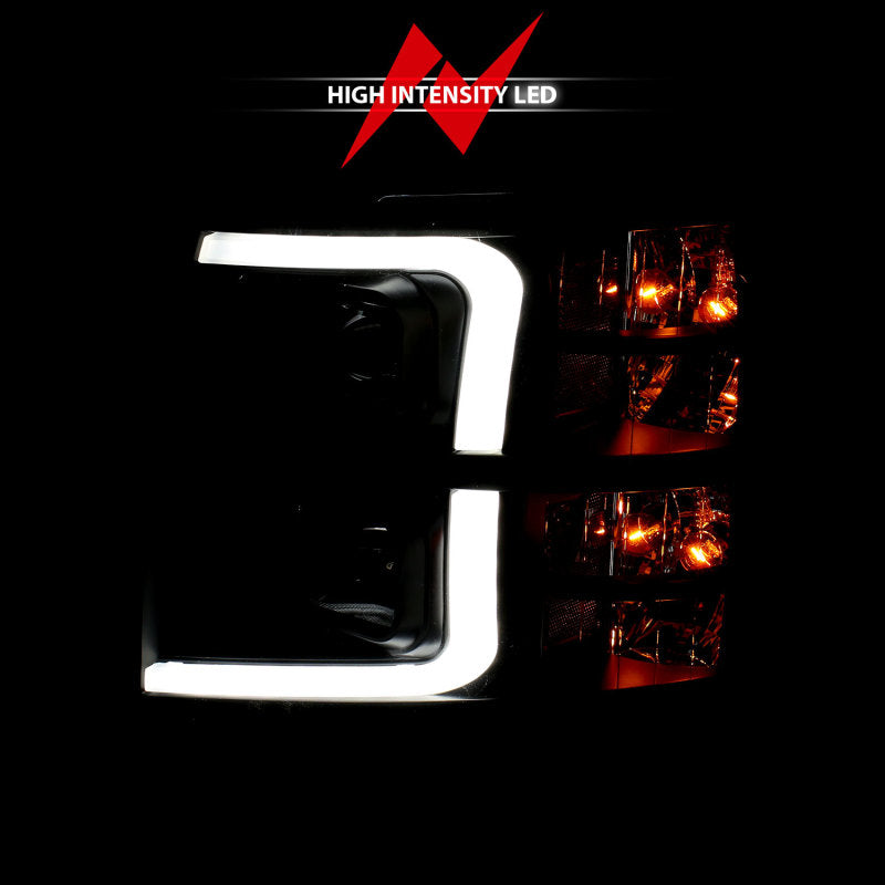 ANZO 07-13 Chevrolet Silverado 3500 Projector Headlights featuring black amber housing and clear lens, designed for enhanced visibility and style.