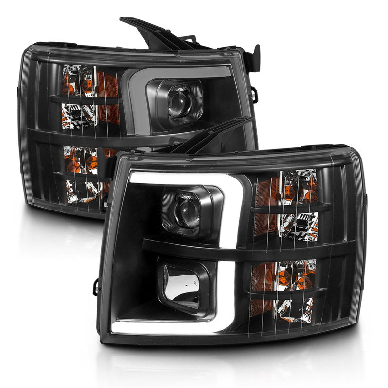ANZO 07-13 Chevrolet Silverado 3500 Projector Headlights featuring black amber housing and clear lens, designed for enhanced visibility and style.