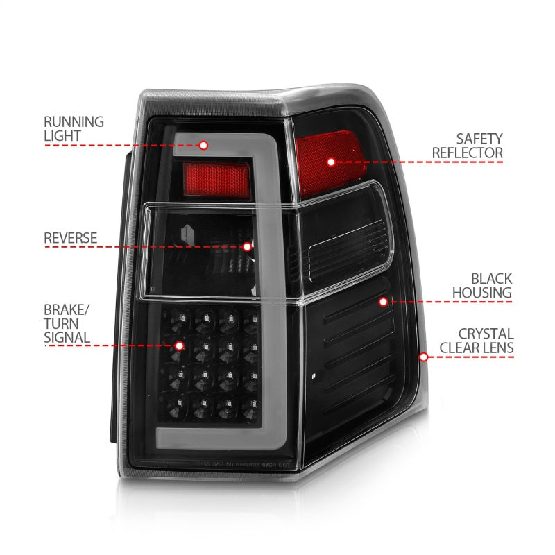 ANZO 07-17 Ford Expedition LED Taillights with black housing and light bar design, showcasing modern automotive lighting technology.