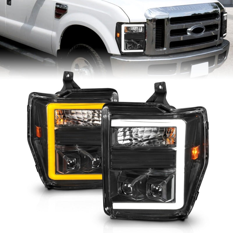 ANZO 08-10 Ford F-250 F-550 Super Duty projector headlights showcasing modern design and bright illumination.