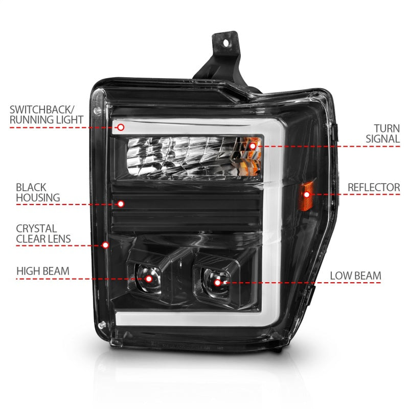 ANZO 08-10 Ford F-250 F-550 Super Duty projector headlights showcasing modern design and bright illumination.