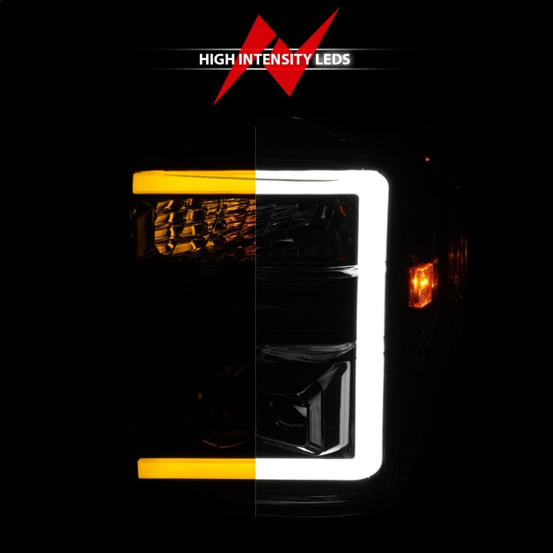 ANZO 08-10 Ford F-250 F-550 Super Duty projector headlights showcasing modern design and bright illumination.