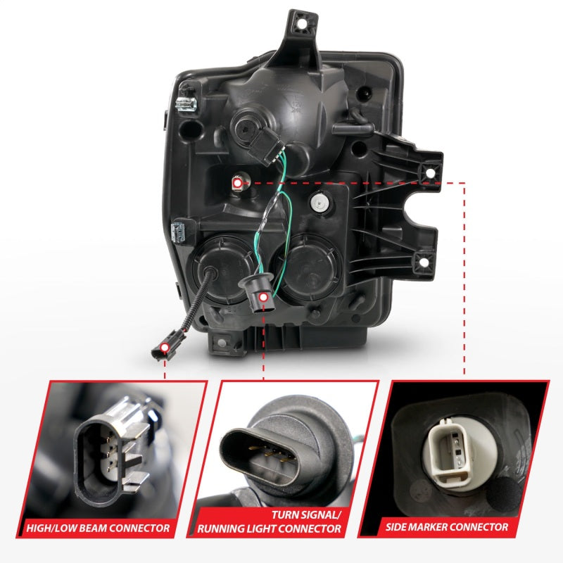 ANZO 08-10 Ford F-250 F-550 Super Duty projector headlights showcasing modern design and bright illumination.