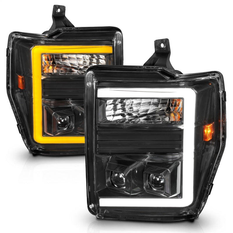 ANZO 08-10 Ford F-250 F-550 Super Duty projector headlights showcasing modern design and bright illumination.
