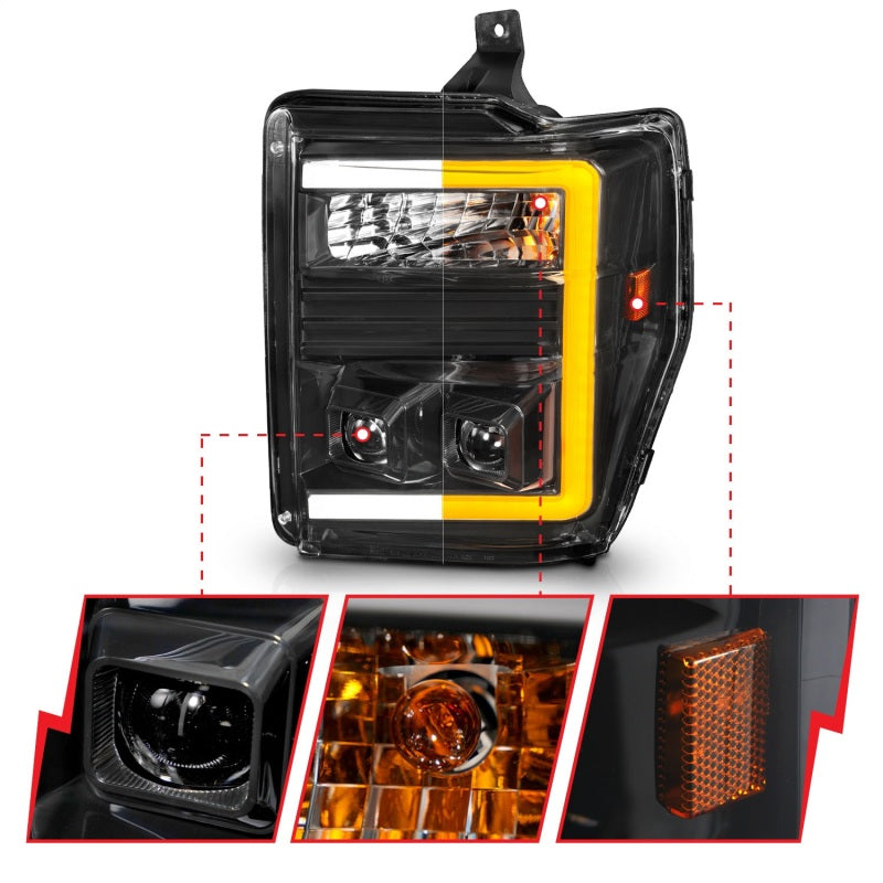 ANZO 08-10 Ford F-250 F-550 Super Duty projector headlights showcasing modern design and bright illumination.