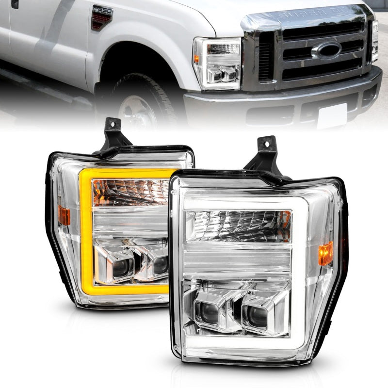 ANZO projector headlights for 2008-2010 Ford F-250 and F-350 Super Duty, showcasing sleek design and advanced lighting technology.