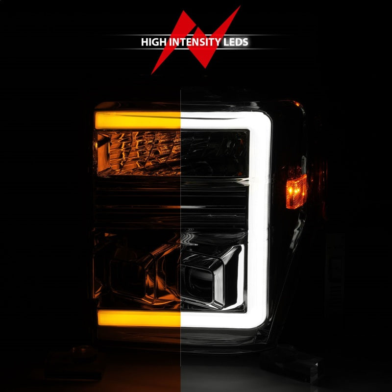 ANZO projector headlights for 2008-2010 Ford F-250 and F-350 Super Duty, showcasing sleek design and advanced lighting technology.