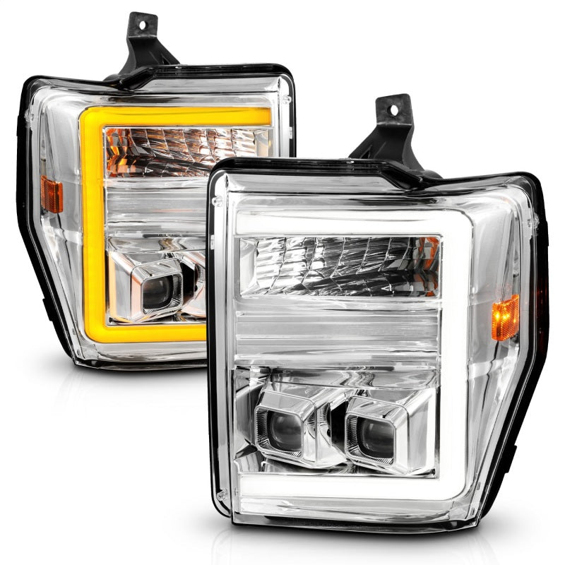 ANZO projector headlights for 2008-2010 Ford F-250 and F-350 Super Duty, showcasing sleek design and advanced lighting technology.